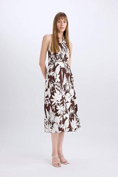 DeFacto Αμάνικο μίντι φόρεμα με μοτίβο λινό C9578AX24SM