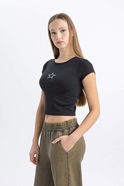 DeFacto Μπλουζάκι κοντομάνικο με ραβδώσεις - Κεντημένο, Koool 24y801004433