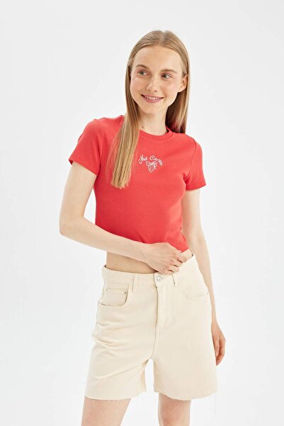 DeFacto Μπλουζάκι με ριμπ εμπριμέ κοντομάνικο D3434ax24hsrd93 - Coool Fitted