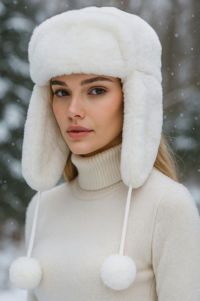 Luminos Butik Ecru Plush Hat - with Pompom, Fur and Headphones, Beret Beanie1103