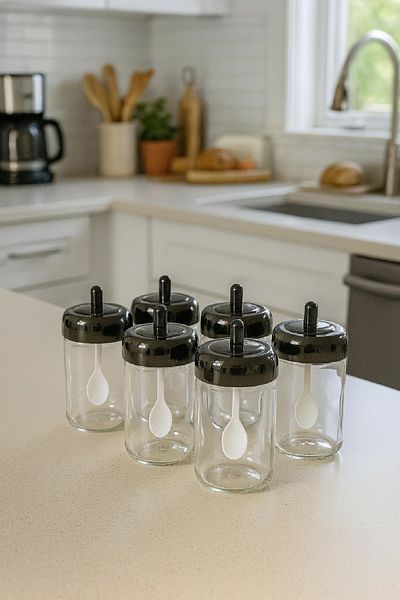 Vienev Black Screen Printed Label 6-Piece Glass Spice Jar with Spoon Long