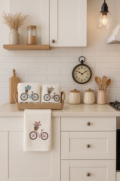 AYHANHOME Set de 3 prosoape de bucătărie 30x50 cadou zestre cu model de bicicletă într-un coș din răchită
