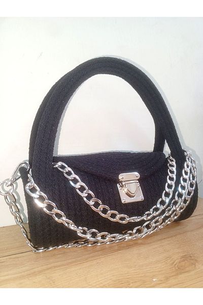 AZR HOME DESİGN Natural Jute Rope Black Hand Bag Day Bag 27X12