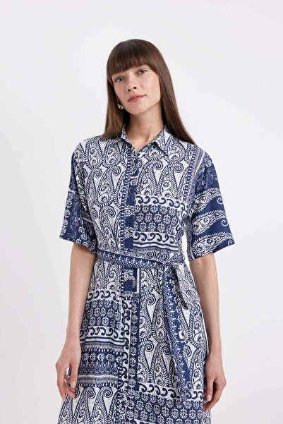 DeFacto A-Line Shirt Neck Print Short Sleeve Midi Dress with Belt D4575Ax24Hs