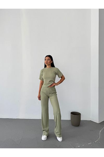 Bubble Women's Short Sleeve Top T-Shirt Elastic Waist Wide Leg Bottom Pants Two-Piece Set