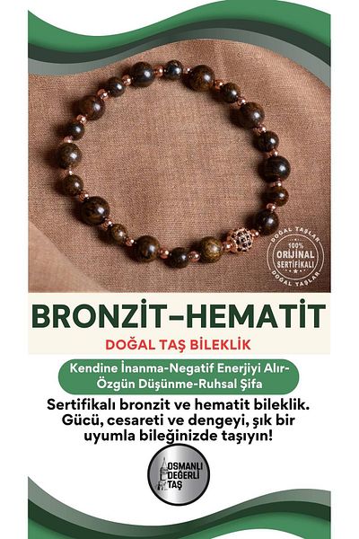 OSMANLI DEĞERLİ TAŞ Certified Bronzeite-Hematite Natural Stone Bracelet 6-8 mm