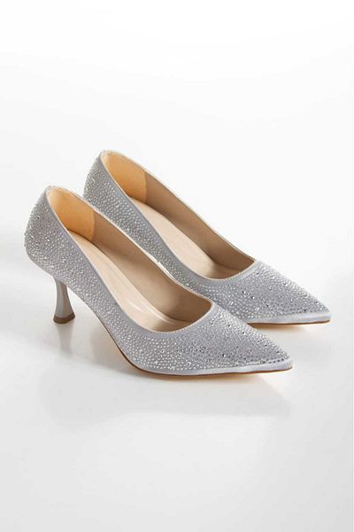 Zenvea Silver Shiny Metallic Medium Heeled Pointed Toe Pearl Detailed Stiletto Shoes