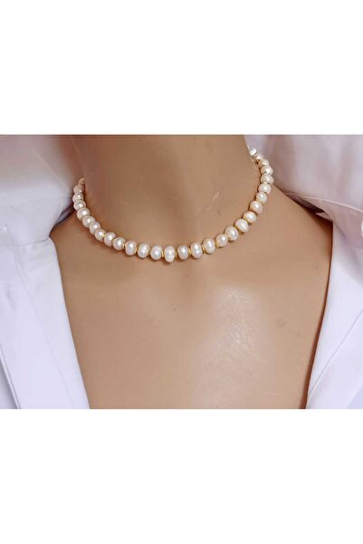shop Büyük Boy Gerçek Tatlı Su İncili Gelin Kolyesi – Gold Zincirli, Hematit Detaylı, Kutulu