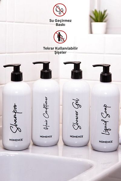 homence Σετ 4 Σαμπουάν Αφρόλουτρο Conditioner Υγρό Σαπούνι Εκτυπωμένο Πλαστικό Μπουκάλι Σετ Μπάνιου Λευκό Δοχείο σαπουνιού 500ml