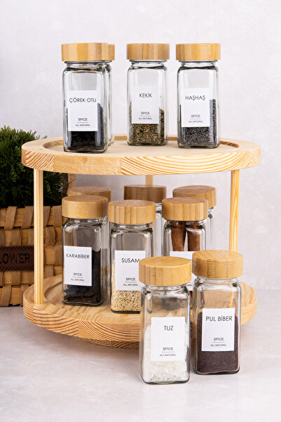 DNS HOME Set of 12 Bamboo Lid Square Glass Spice Jars Spice Rack with Rotating Stand Label Gift