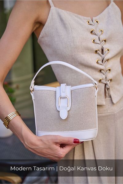 Madamra Canvas White Women's Modern Design Buckle Hand and Shoulder Bag