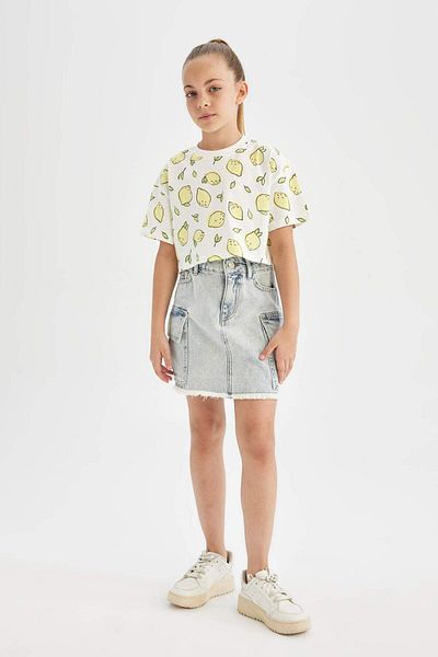 DeFacto Girl's Crop Crew Neck Print Short Sleeve T-Shirt D1288A824Hs