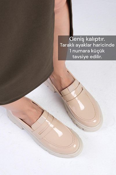 Mio Gusto Casey Nude Colored Patent Leather Thick Soled Women's Loafer Shoes