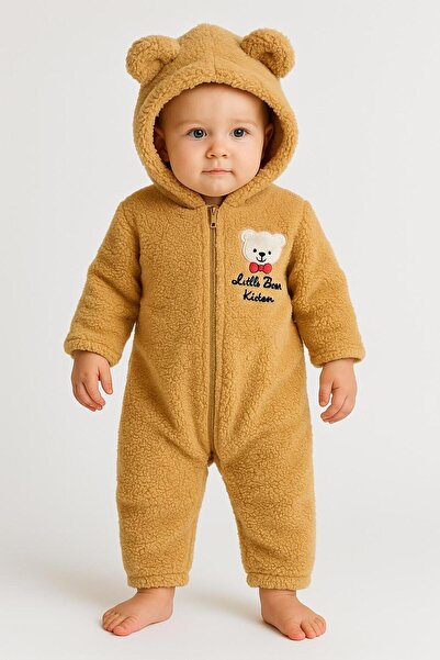 BabyBlue Winter Welsoft Jumpsuit Little Bear Embroidered Without Booties Hooded Front Zipper Baby 100% Cotton
