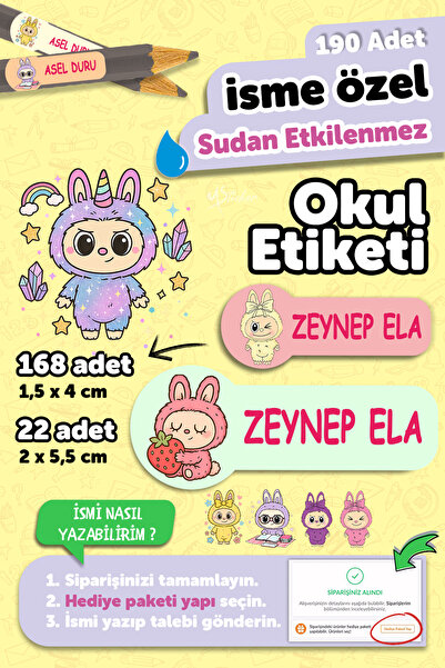 MSticker Okul Etiketi Kalem Defter isimli Etiket Isim Yazılabilen Labubo - 19...
