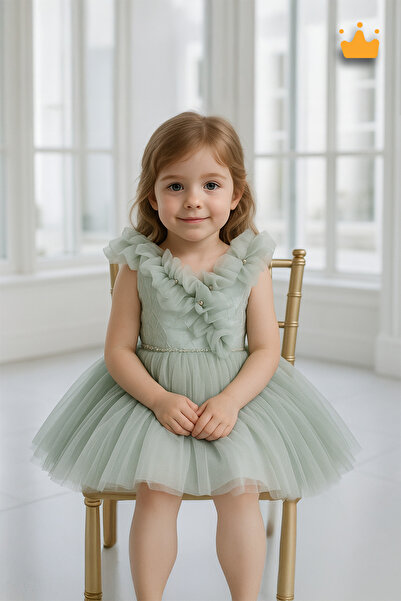 MİNİMONY 1-5 Yaş Yakası Taşlı Tüllü Özel Tasarım Sırt Detaylı Kız Çocuk Tül E...