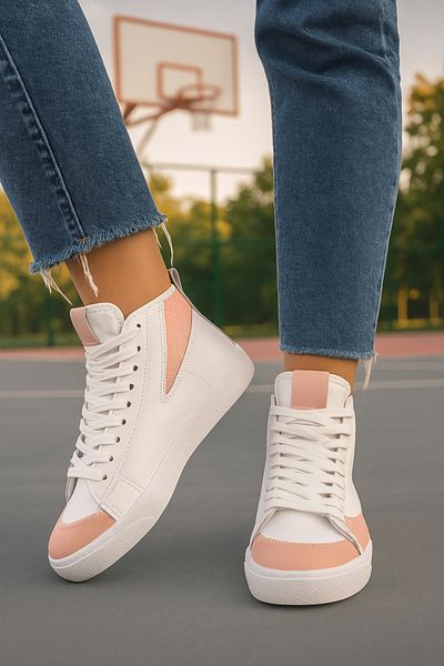 Nstil Daily Women's White Powder Sneaker Lace-Up Serrated Sole Suede Mesh Detailed Walking Sports Shoes 08