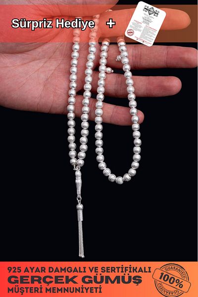 OSMANLI GÜMÜŞ 99 Men's Silver Rosary - Striped Globe Prayer Rosary