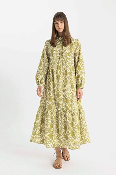 DeFacto Desenli Poplin Uzun Kollu Basic Düz Maxi Elbise C6485AX24SM