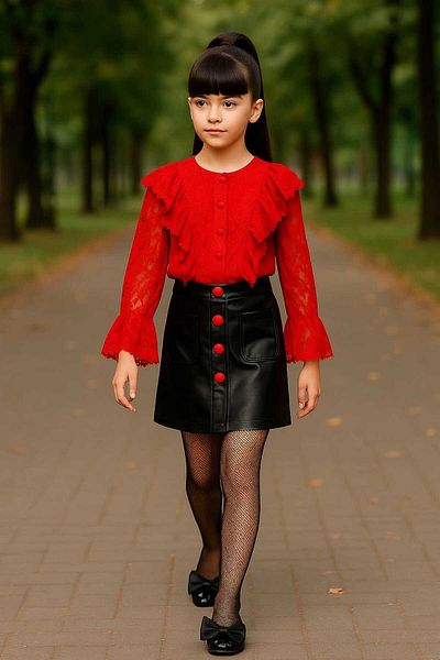 elfanto kıds Girl's skirted leather skirt lace shuttle set 3 pieces