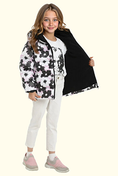 freemen Spor Kız Spor Çocuk Beyaz Mor Çiçek Desen  Polar Su ve Rüzgar Geçirmez Kapüşonlu Cepli   Mont