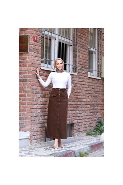VELLICHOR Full Buttoned Hem Pocket Hijab Skirt Brown