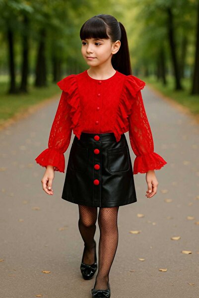 elfanto kıds kız cocuk eteklı derı etek dantellı gomlek takım 3 parca