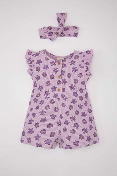 DeFacto Floral Patterned Waffle Jumpsuit and Headband for Baby Girl - C7180a524sm