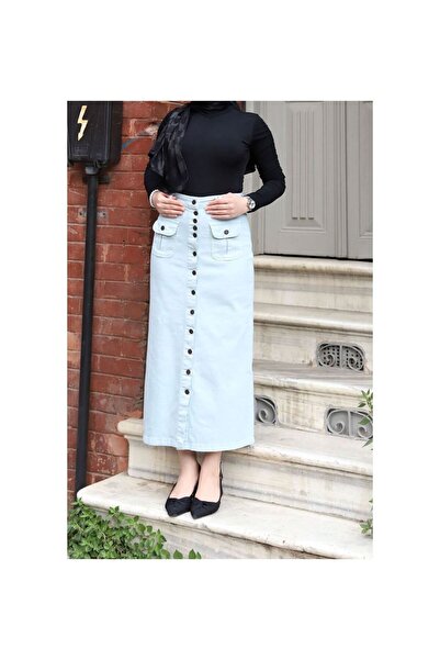 vl vellichor Boydan Düğmeli Körük Cepli Tesettür Etek Antik Tozlu Mavi