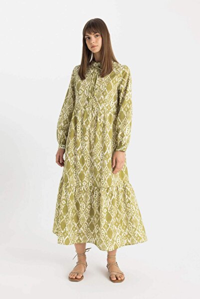 DeFacto Desenli Poplin Uzun Kollu Basic Düz Maxi Elbise C6485AX24SM