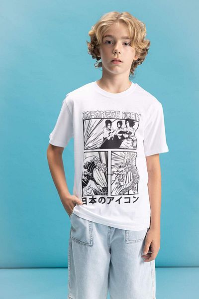 DeFacto Boy's Crew Neck Color Shape Changing Printed Short Sleeve T-Shirt C6260A824Hs