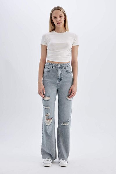 DeFacto Pantaloni lungi de blugi spălați cu talie înaltă din anii 90 C8606AX24HS