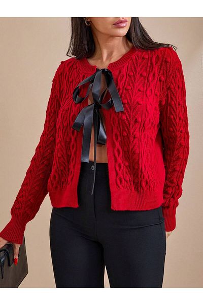 tofan Women's Red Knitted Crop Cardigan - Ribbon Detail