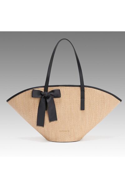 Black Ribbon Kadın Hasır Plaj Çantası - Büyük Boy Omuz Çantası