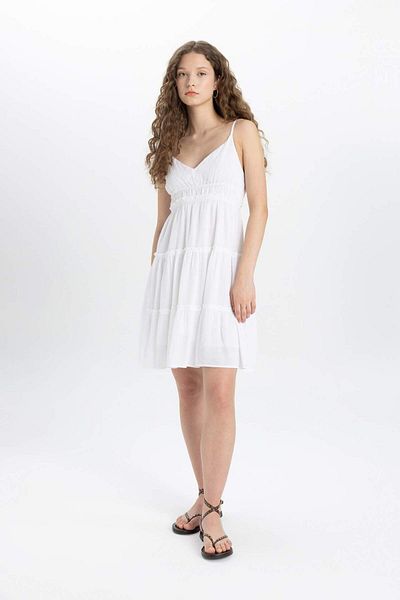 DeFacto A-Line V-Neck Strap White Mini Dress B9019Ax24Sm