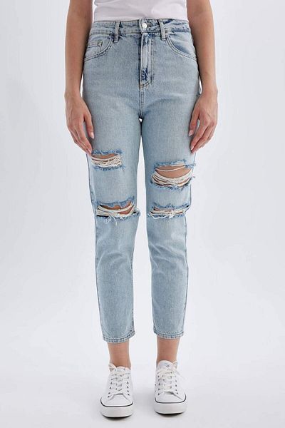 DeFacto Lina Mom Fit Detaliu rupt Talie înaltă Potrivire confortabilă Ușoară Picior îngust Pantaloni de jeans până la gleznă C