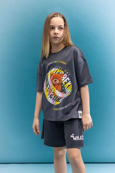 DeFacto Tricou cu mânecă scurtă cu imprimeu 3D pentru fete, oversize, cu decolteu lat, C5464A824SM