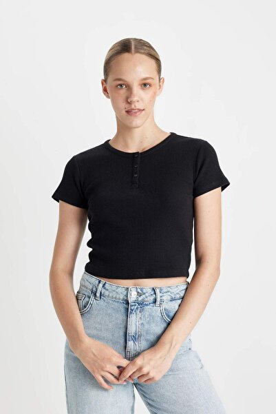 DeFacto Přiléhavé tričko s krátkým rukávem s vaflovým výstřihem D1189AX24SM