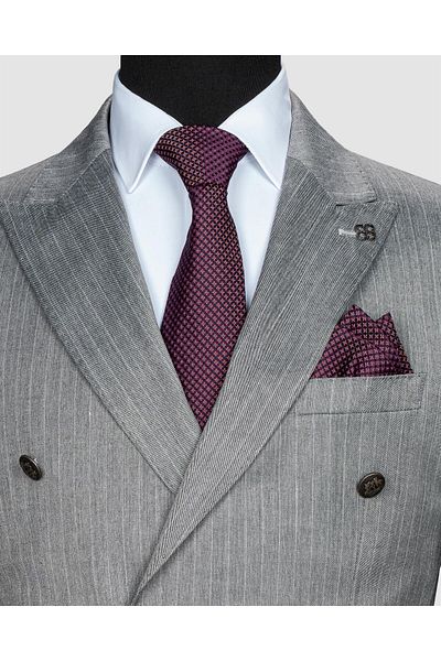 echol Ech. 2344-28 Gray Fabric White Striped Double Breasted Suit