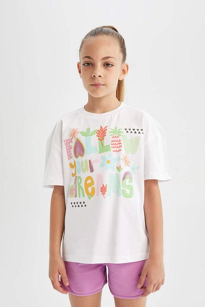 DeFacto Girls Oversize Wide Fit Crew Neck Printed Short Sleeve T-Shirt C6039A824Sm