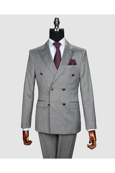 echol Ech. 2344-28 Gray Fabric White Striped Double Breasted Suit
