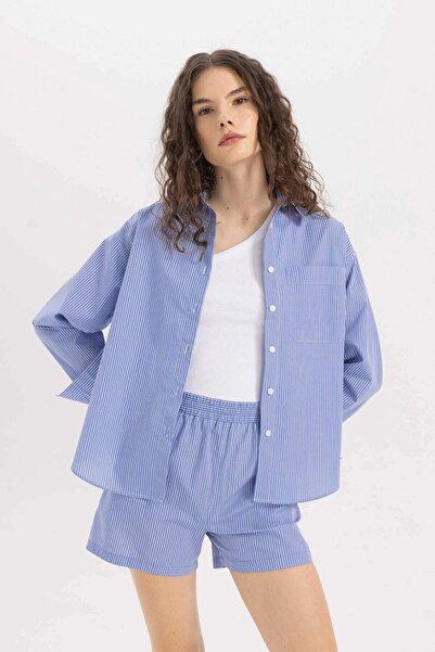 DeFacto Cămașă oversize cu mânecă lungă din popelin cu dungi late C8751ax24sm