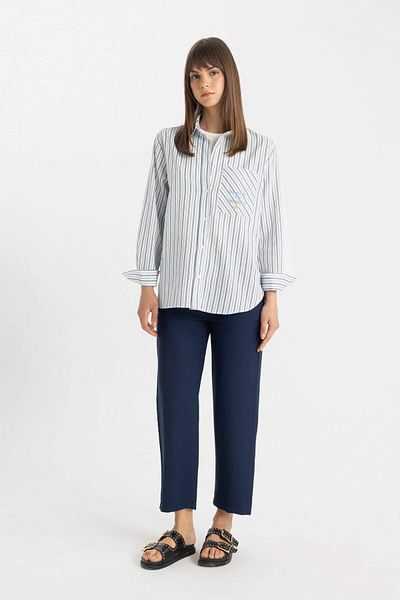 DeFacto Relaxed Fit Striped Cotton Tunic Shirt - Long Sleeve, Flamed C8854AX24SM
