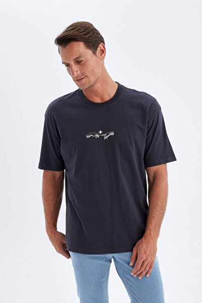 DeFacto Υπερμεγέθη κοντομάνικο μπλουζάκι με λαιμόκοψη με φαρδιά εφαρμογή C7165ax24sm