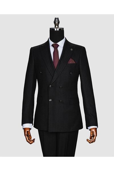 echol Ech. 2344 Textured Narrow Striped Double Breasted Suit