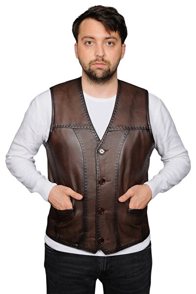 AsyaClub Derije Texas Genuine Leather Men's Brown Punto Stitched Vest