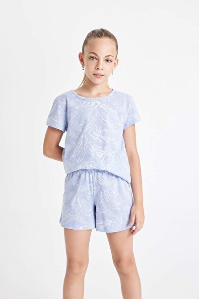 DeFacto Kız Çocuk Pijama Takımı Desenli Kısa Kollu Üst Şort C8502A824SM