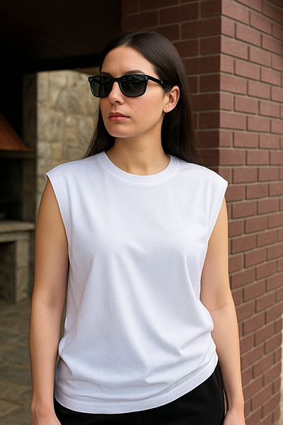 GUARAZ Women's Zero Sleeve Crew Neck 100% Cotton Oversized Sleeveless Kejıl T-Shirt