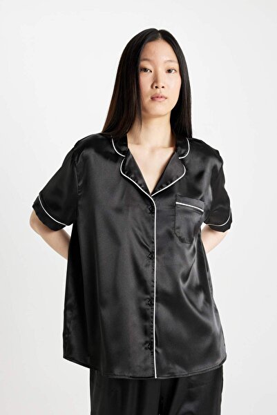 DeFacto Satin Pajama Set - Short Sleeve, Top and Long Bottom D0916Ax24Sm