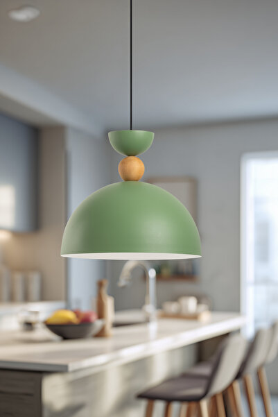 AmberLED Celesta Ahşap Boncuk Detaylı Yeşil Sarkıt Aydınlatma Metal Sıvama Ev Ofis Cafe Restoran Avizeleri